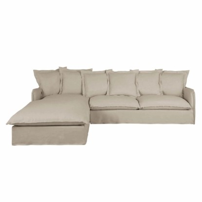 Sofá esquinero derecho convertible de 4/5 plazas efecto lino arrugado beige, colchón 6 cm, Maisons Du Monde