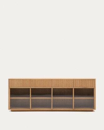 Aparador Helvine 4 puertas y 4 cajones chapa de roble y cristal templado 200x75cm FSC 100%, Kave Home