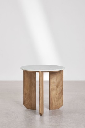 Lavinia - Pack de 2 mesitas de noche redondas Ø50 cm en piedra natural y madera de mango Lavinia - mármol blanco, Sklum