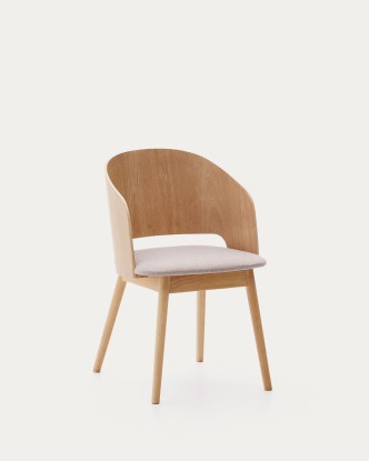 Silla Senoa de chapa de fresno y madera maciza de caucho acabado tono natural y chenilla beige, Kave Home