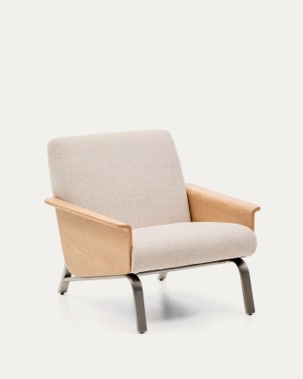 Butaca Amsen beige de contrachapado de roble y patas de acero inoxidable cepillado FSC 100%, Kave Home