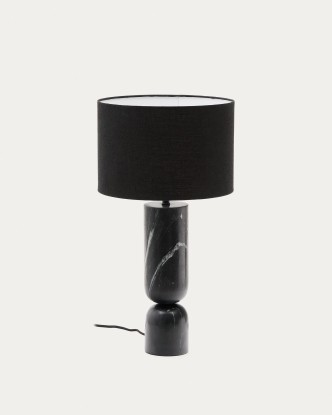 Lámpara de mesa Vex de mármol negro y pantalla de lino negro, Kave Home