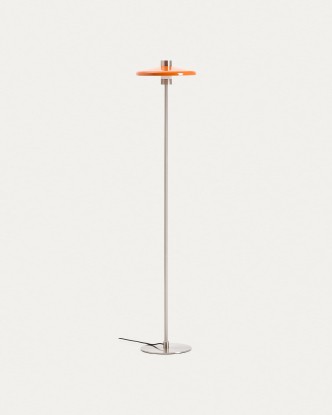 Lámpara de pie Nuvira de acero cepillado gris claro y pantalla naranja, Kave Home