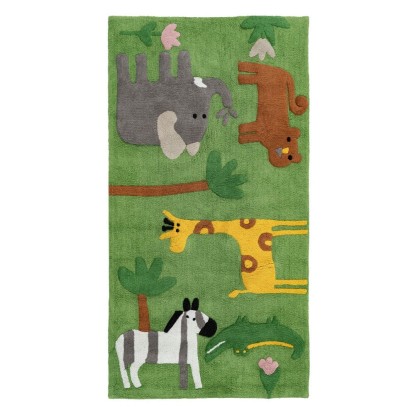 Alfombra animales verde algodón infantil 175 x 90 cm, Wood Nature