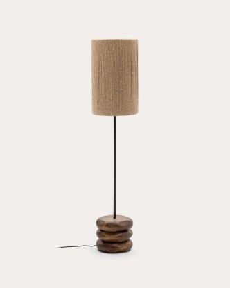 Lámpara de pie Kor de madera de acacia con acabado oscuro y yute, Kave Home