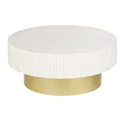 Madina - Mesa baja redonda blanca y dorada con marquetería de hueso, Maisons Du Monde