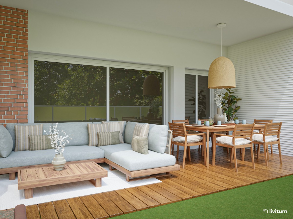 Jardín nórdico con muebles de madera y un cómodo sofá