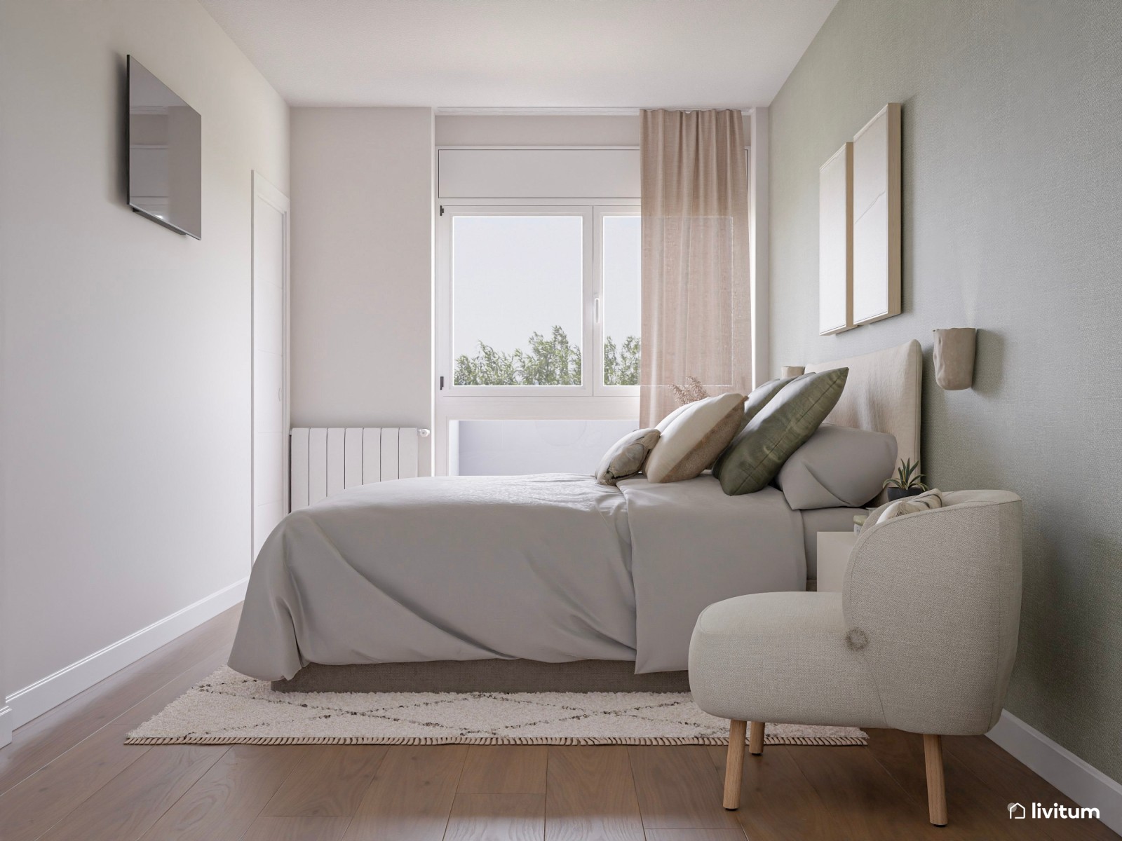 La serenidad como protagonista: dormitorio en blanco y verde con práctico vestidor 