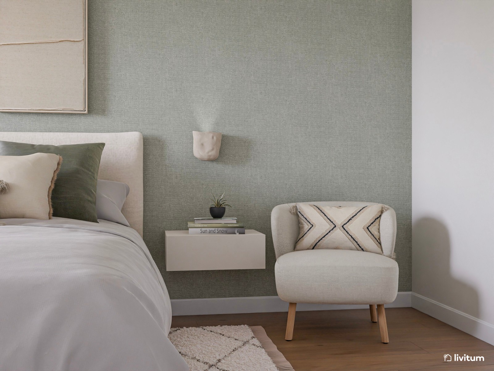 La serenidad como protagonista: dormitorio en blanco y verde con práctico vestidor 