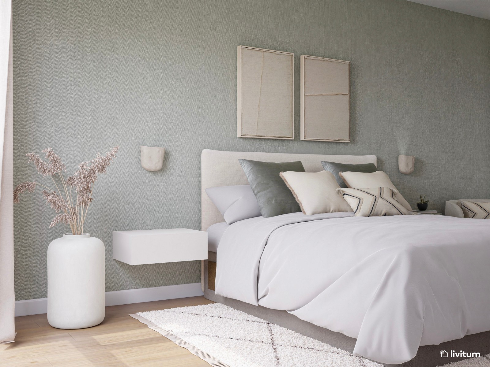 La serenidad como protagonista: dormitorio en blanco y verde con práctico vestidor 