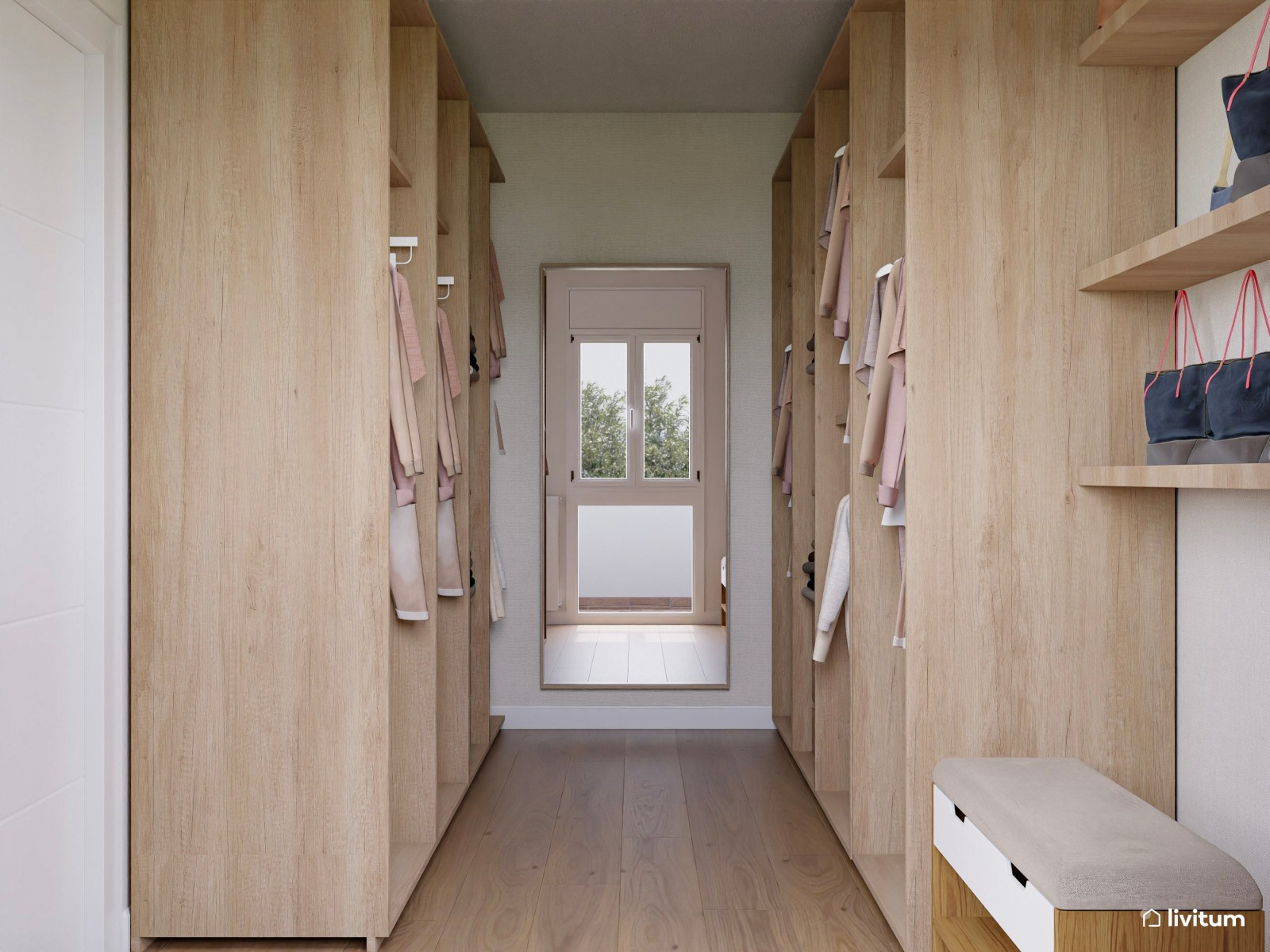 La serenidad como protagonista: dormitorio en blanco y verde con práctico vestidor 