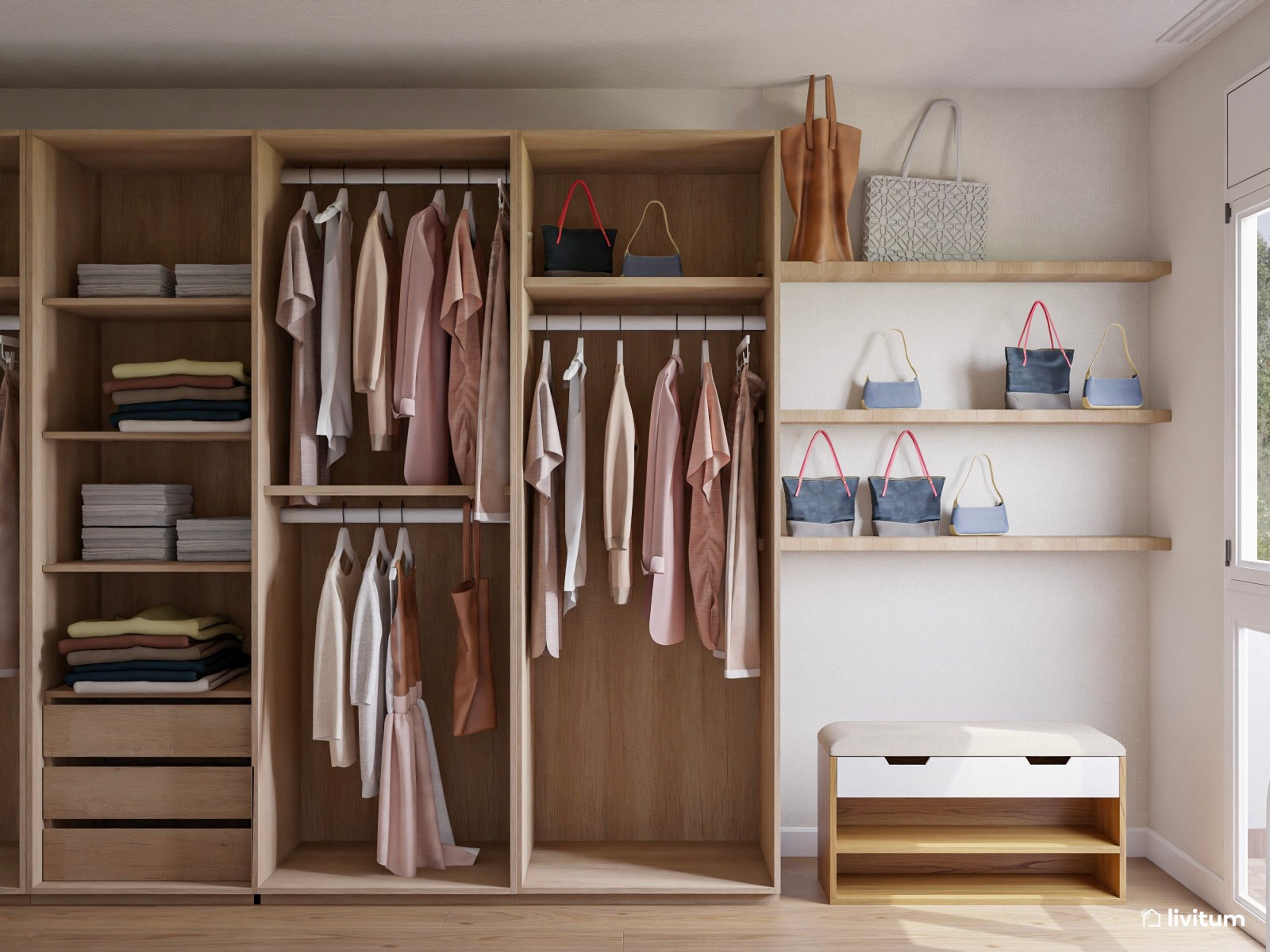La serenidad como protagonista: dormitorio en blanco y verde con práctico vestidor 