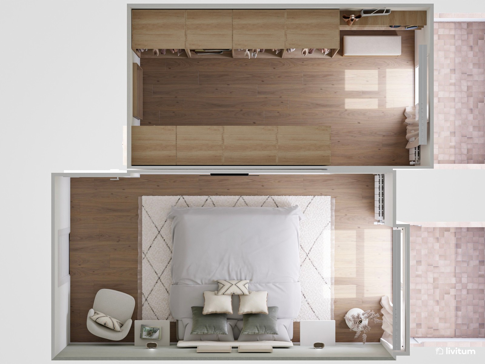 La serenidad como protagonista: dormitorio en blanco y verde con práctico vestidor 