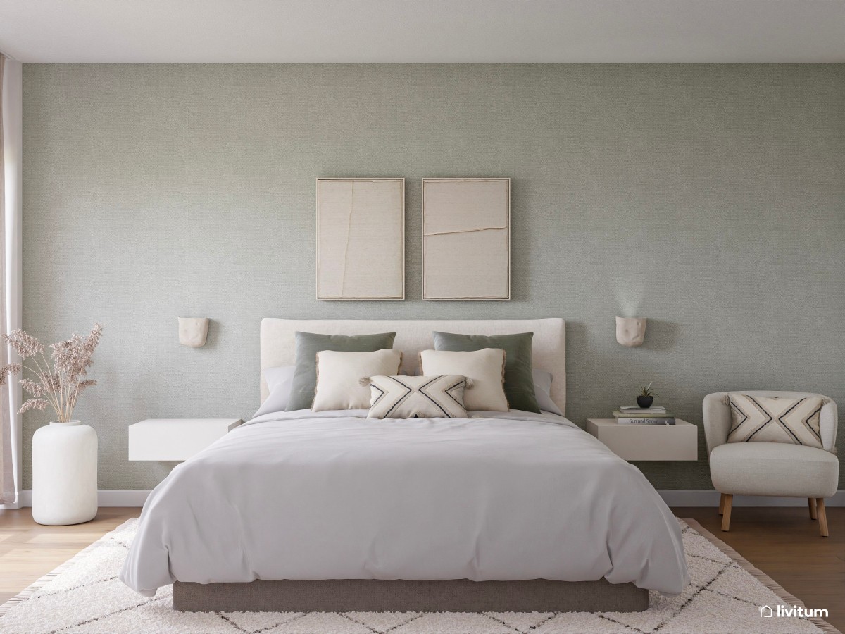 La serenidad como protagonista: dormitorio en blanco y verde con práctico vestidor