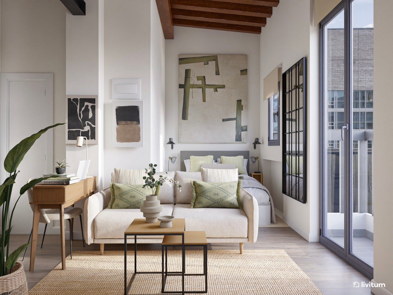 Loft moderno con aires boho, toques de verde y fibras naturales