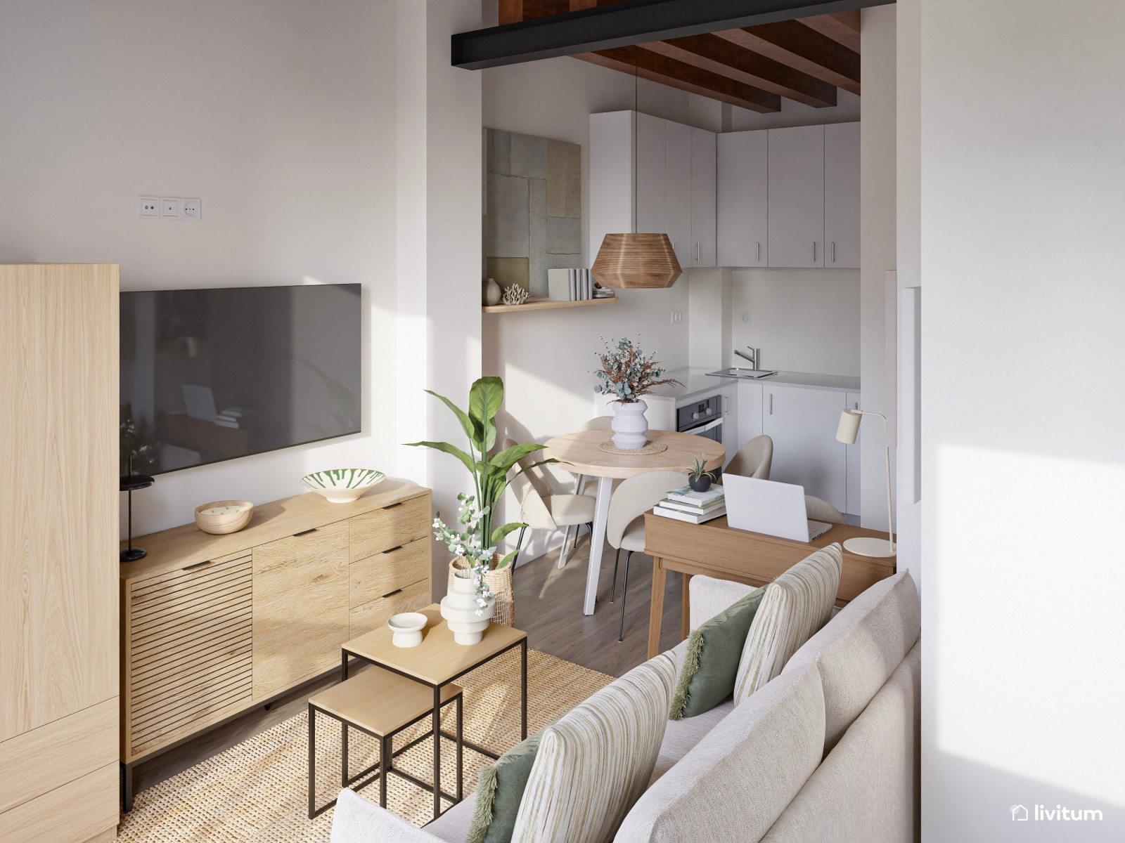 Loft moderno con aires boho, toques de verde y fibras naturales