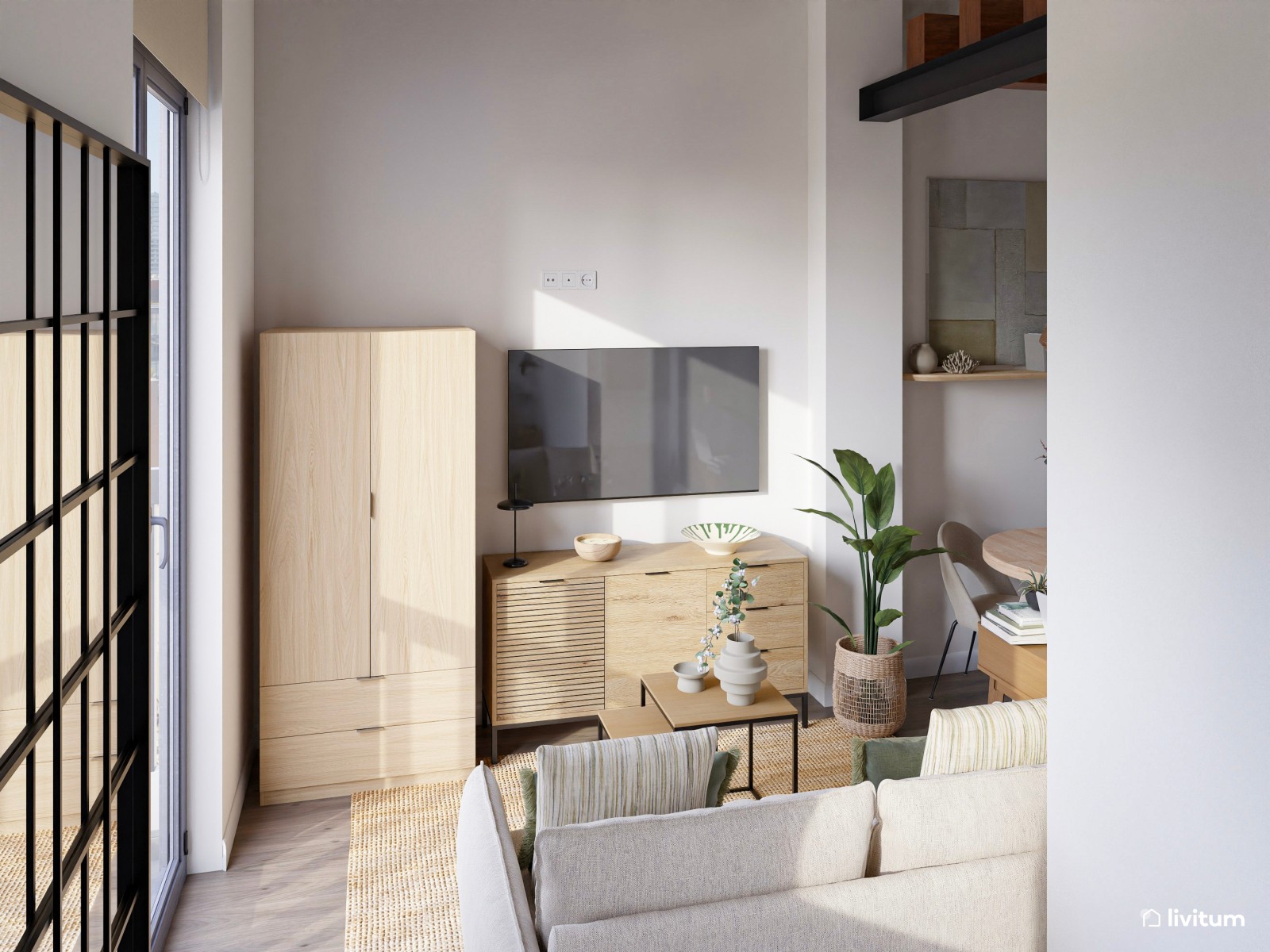 Loft moderno con aires boho, toques de verde y fibras naturales