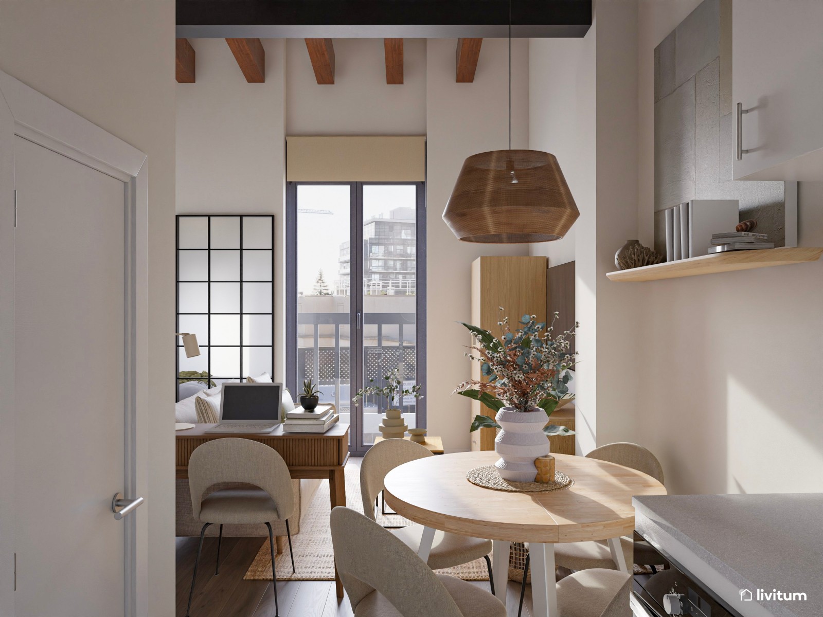Loft moderno con aires boho, toques de verde y fibras naturales
