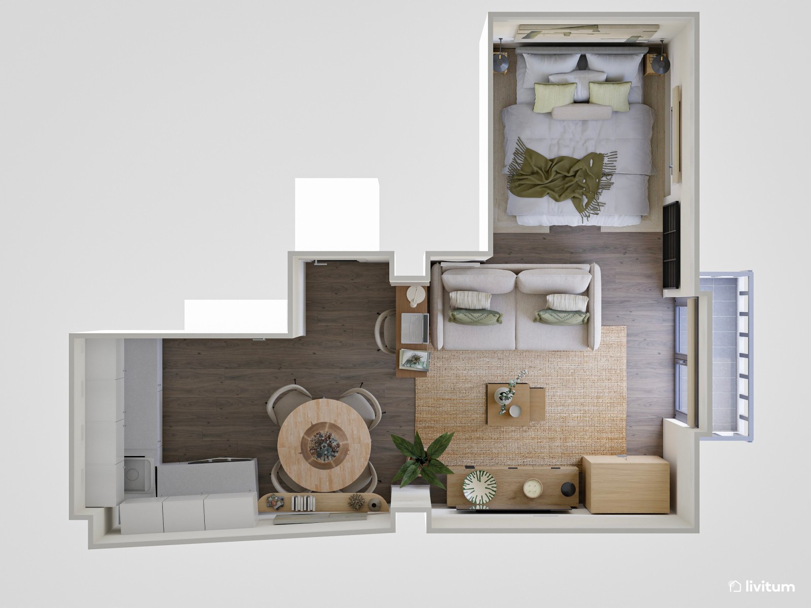 Loft moderno con aires boho, toques de verde y fibras naturales