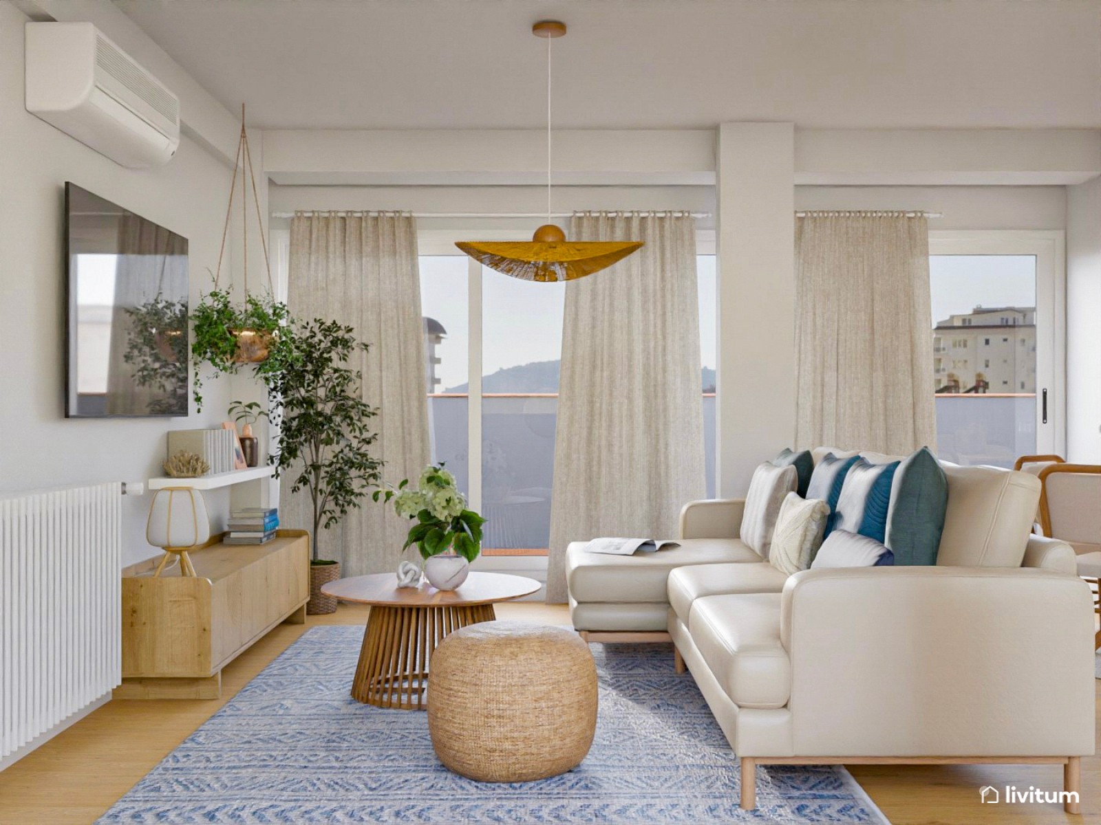 Loft nórdico en tonos azules y fibras naturales