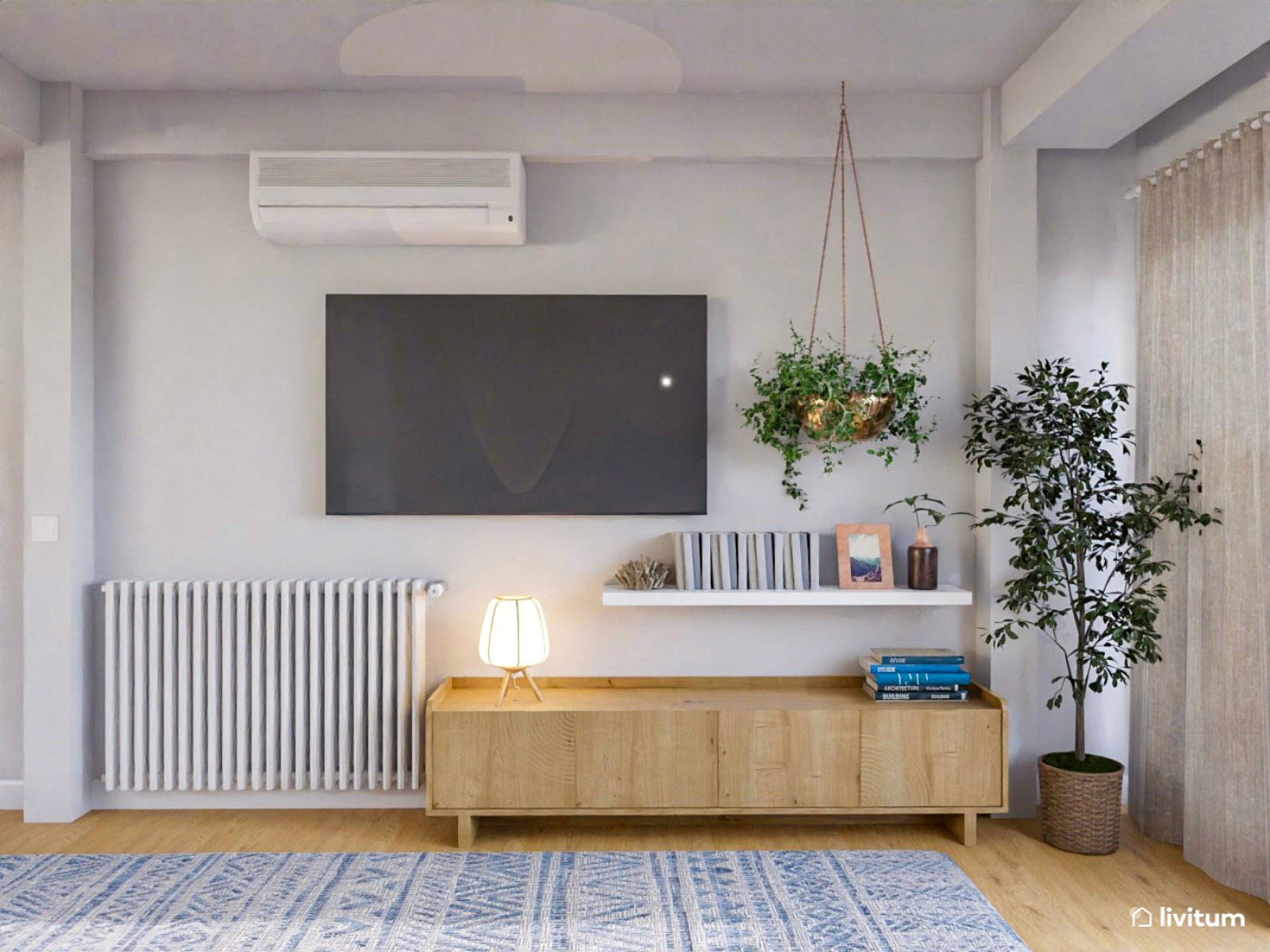 Loft nórdico en tonos azules y fibras naturales