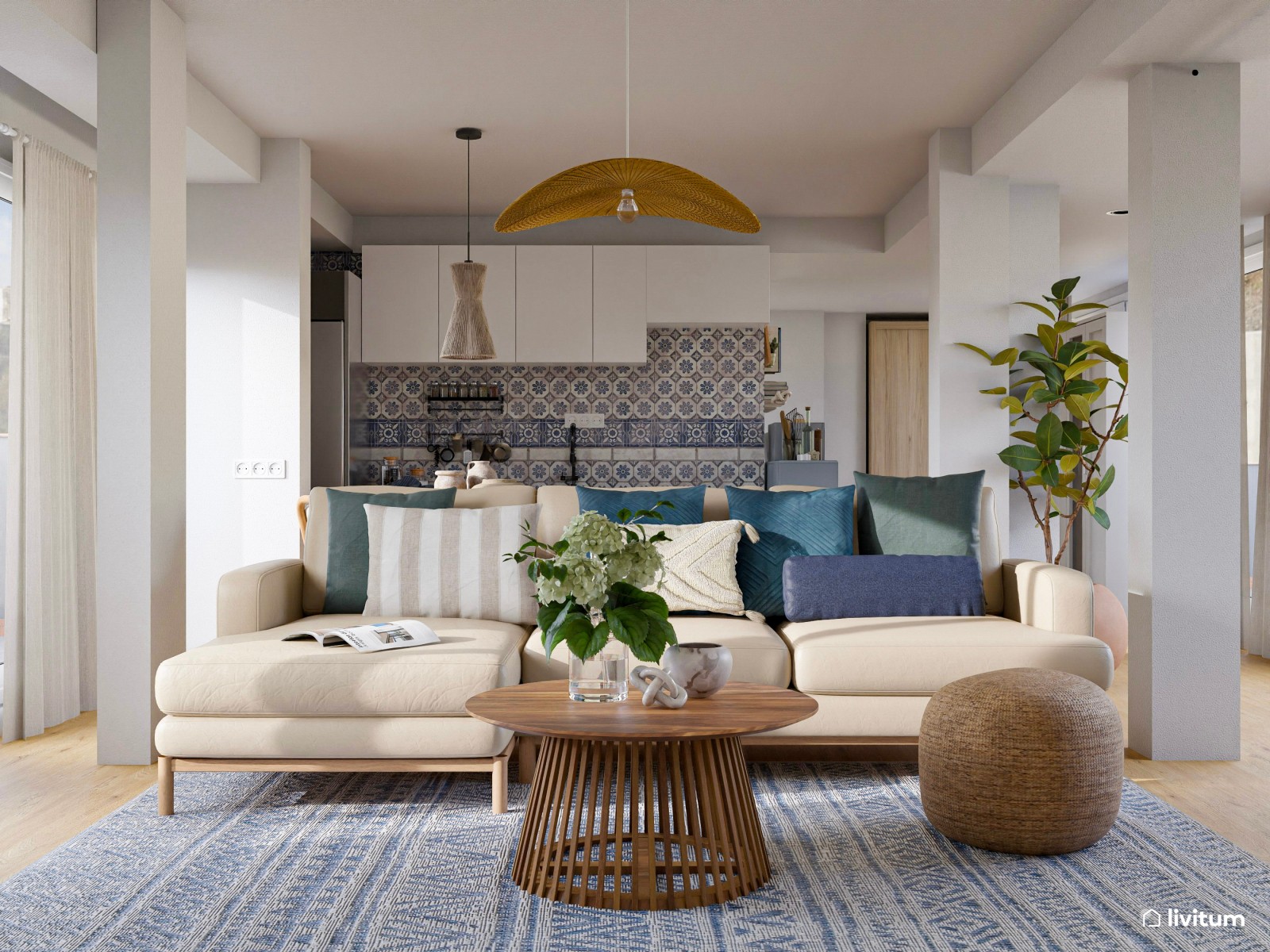 Loft nórdico en tonos azules y fibras naturales