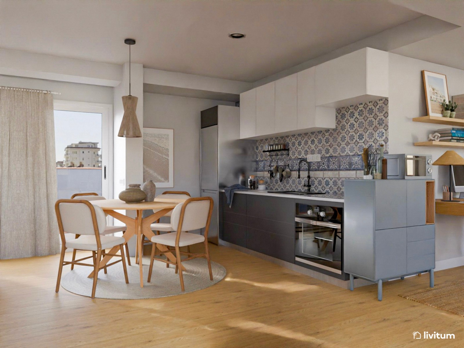 Loft nórdico en tonos azules y fibras naturales