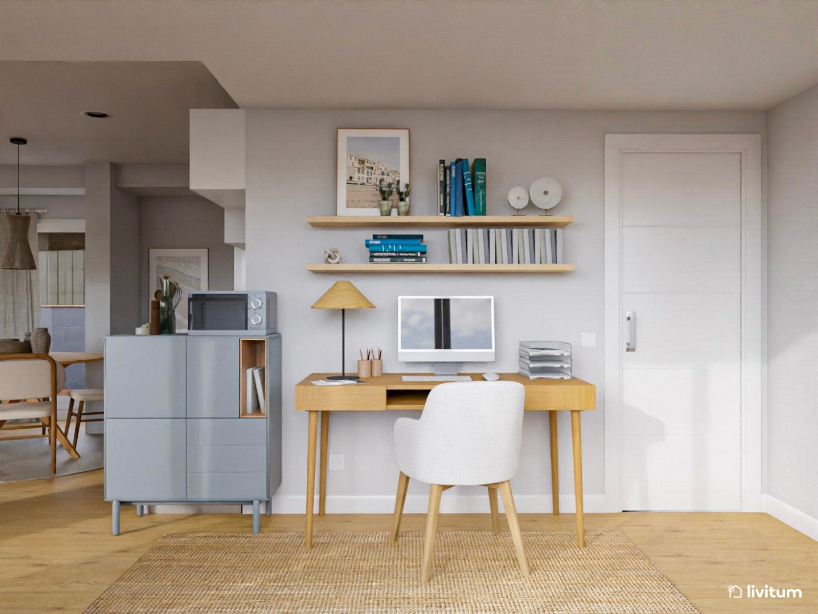 Loft nórdico en tonos azules y fibras naturales