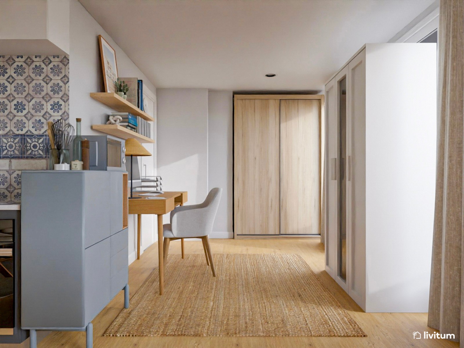 Loft nórdico en tonos azules y fibras naturales