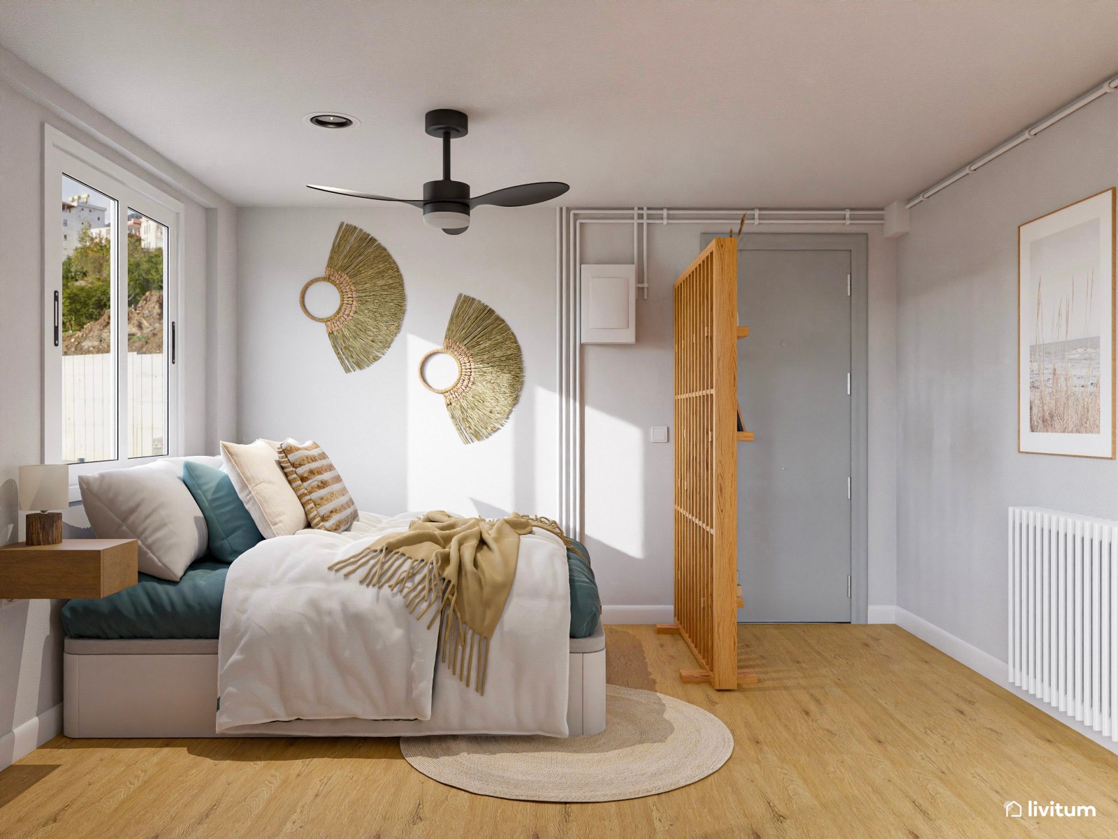 Loft nórdico en tonos azules y fibras naturales