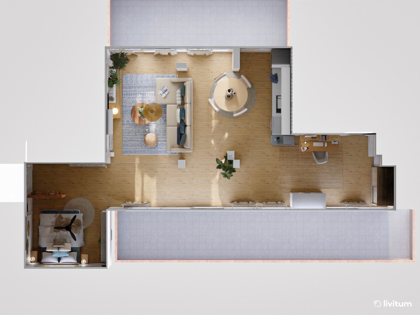 Loft nórdico en tonos azules y fibras naturales