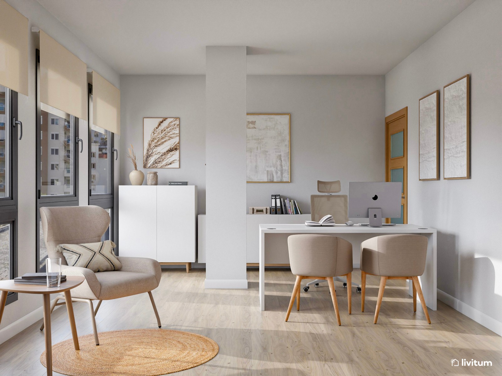 Luminoso despacho de psicología con decoración suave y elegante