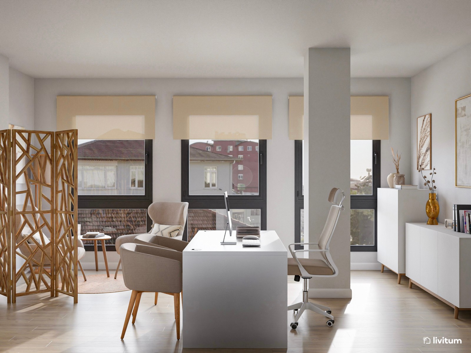 Luminoso despacho de psicología con decoración suave y elegante