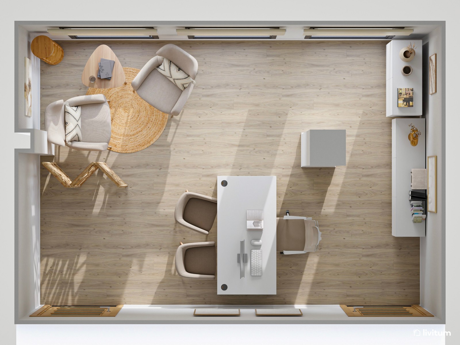 Luminoso despacho de psicología con decoración suave y elegante