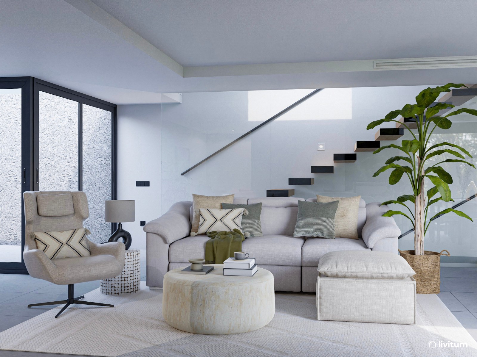 Luminoso salón comedor con cocina abierta con muebles de madera oscura