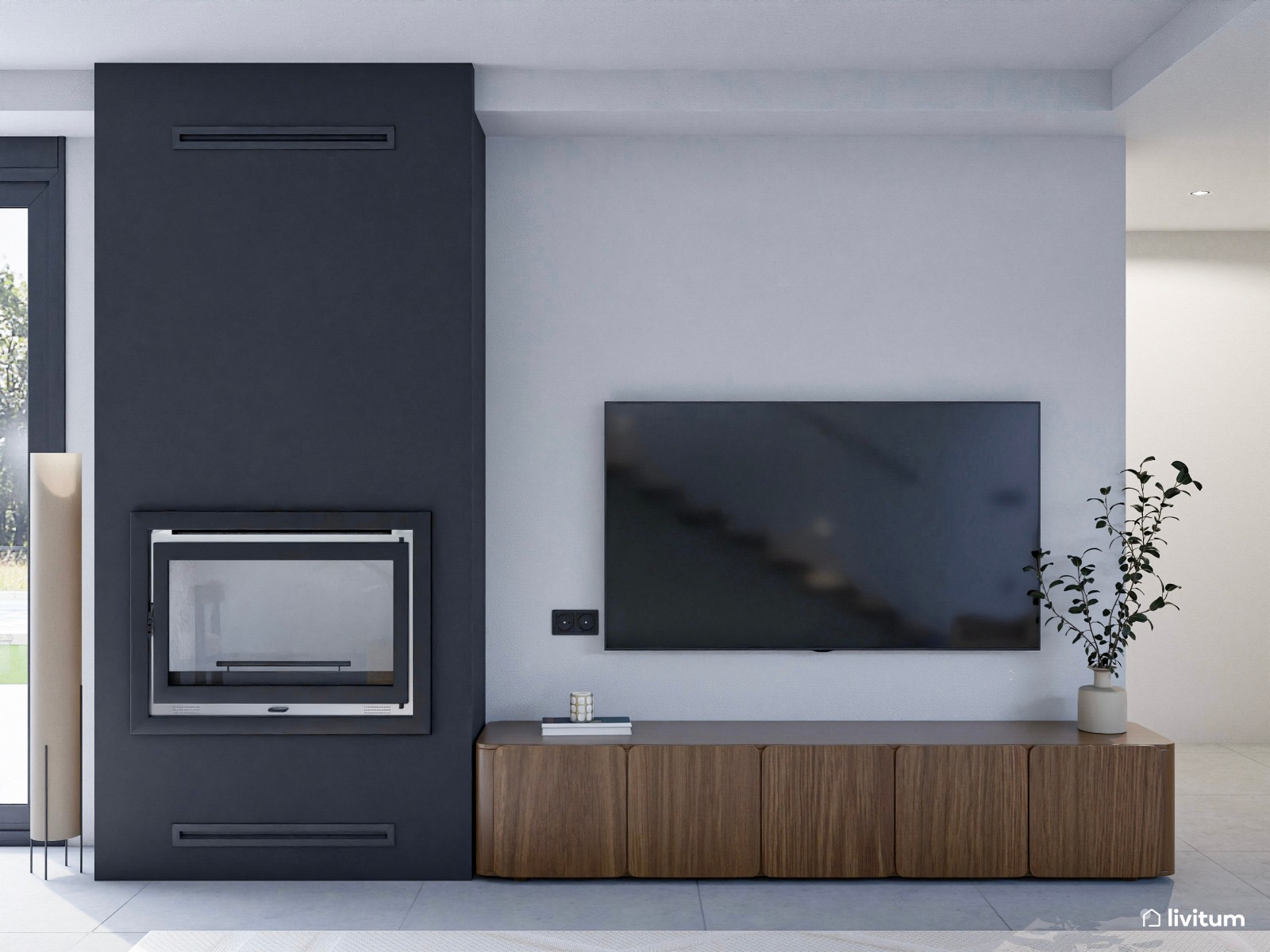 Luminoso salón comedor con cocina abierta con muebles de madera oscura