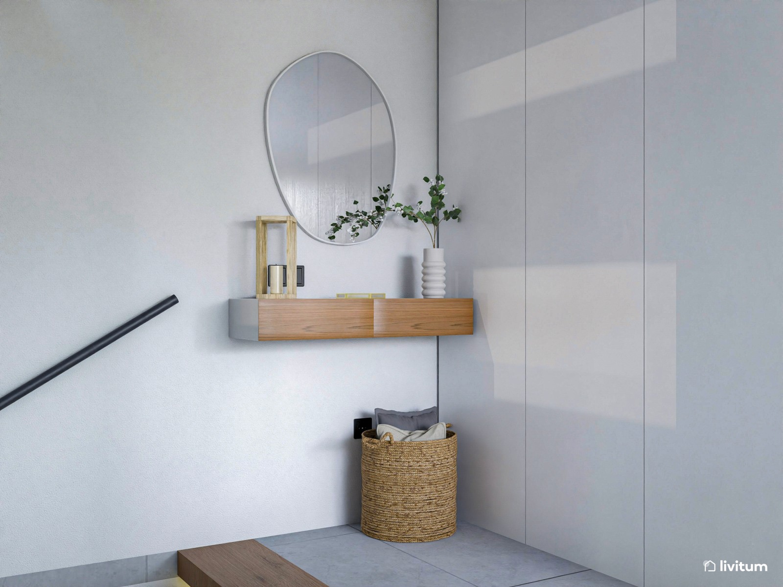 Luminoso salón comedor con cocina abierta con muebles de madera oscura