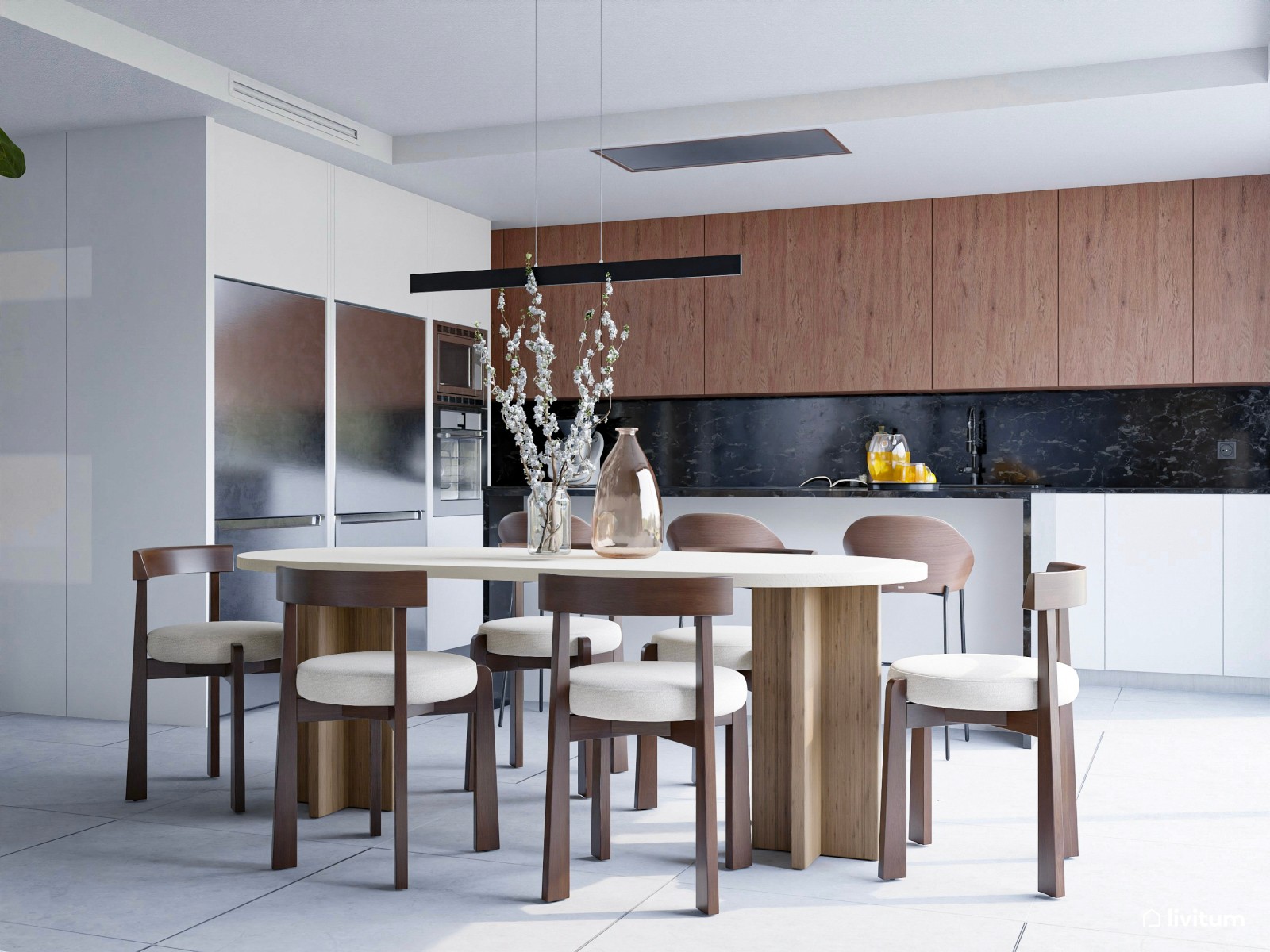 Luminoso salón comedor con cocina abierta con muebles de madera oscura