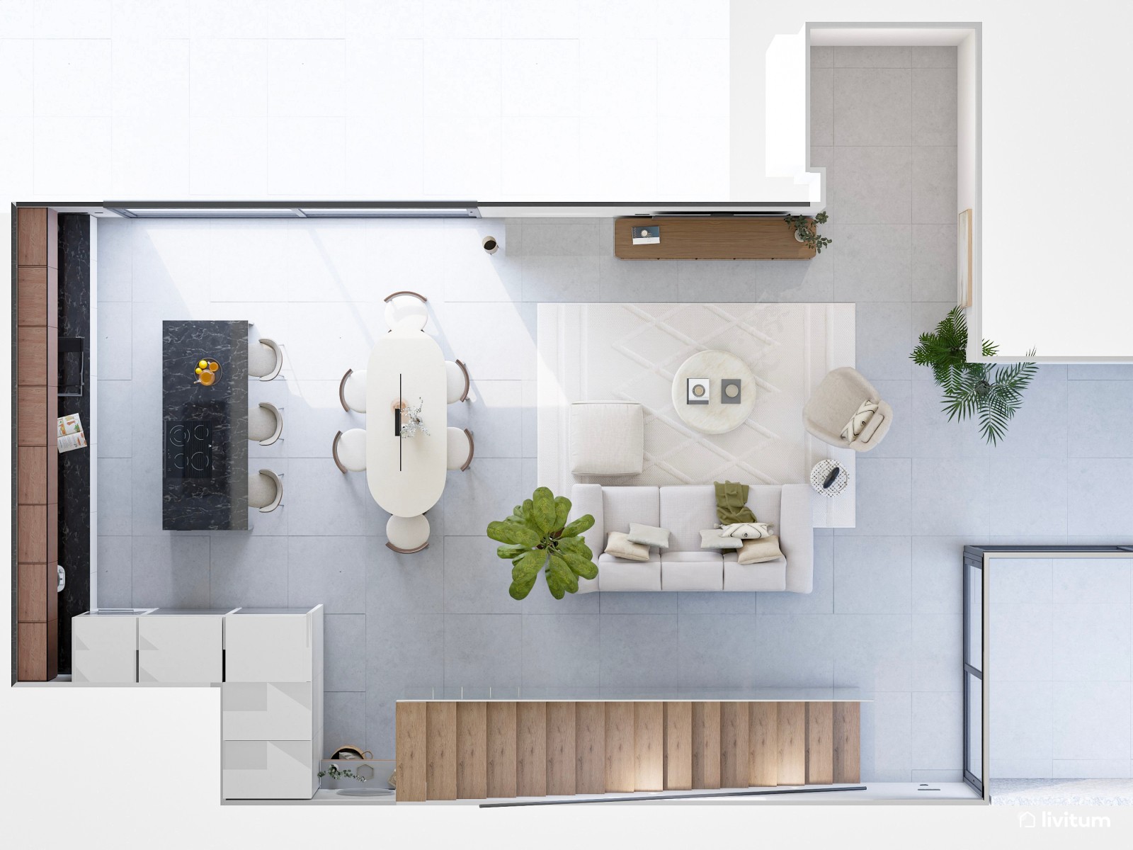 Luminoso salón comedor con cocina abierta con muebles de madera oscura