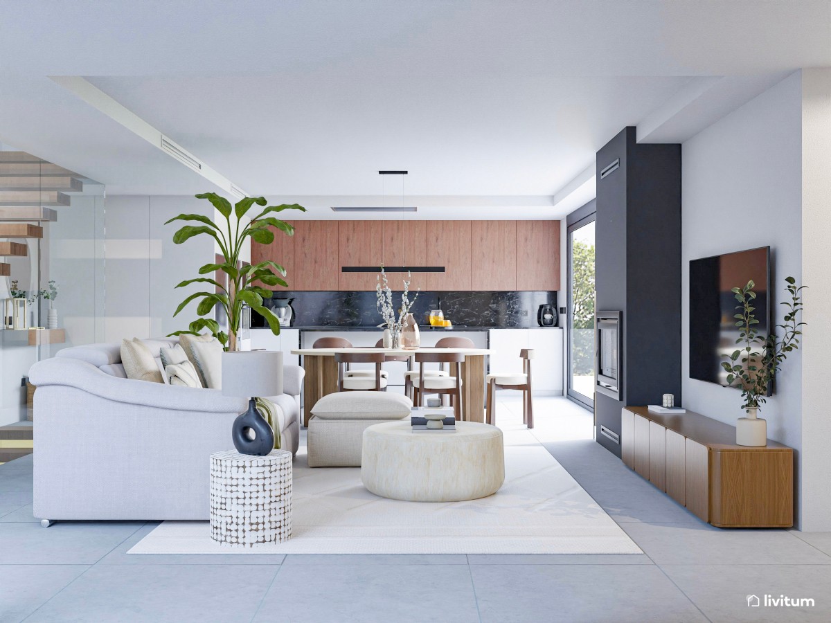 Luminoso salón comedor con cocina abierta con muebles de madera oscura