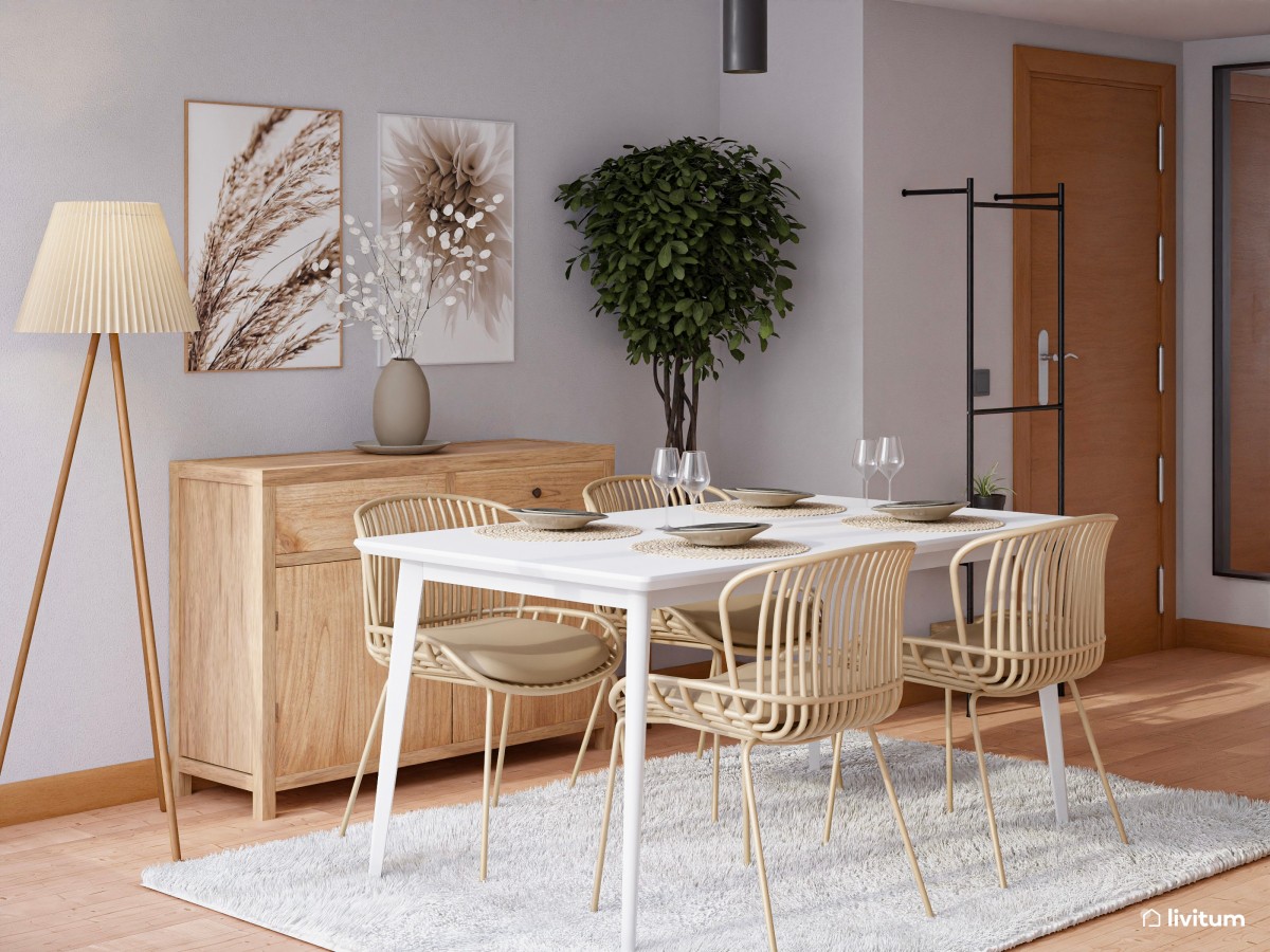 Luminoso salón comedor nórdico con muchos elementos naturales