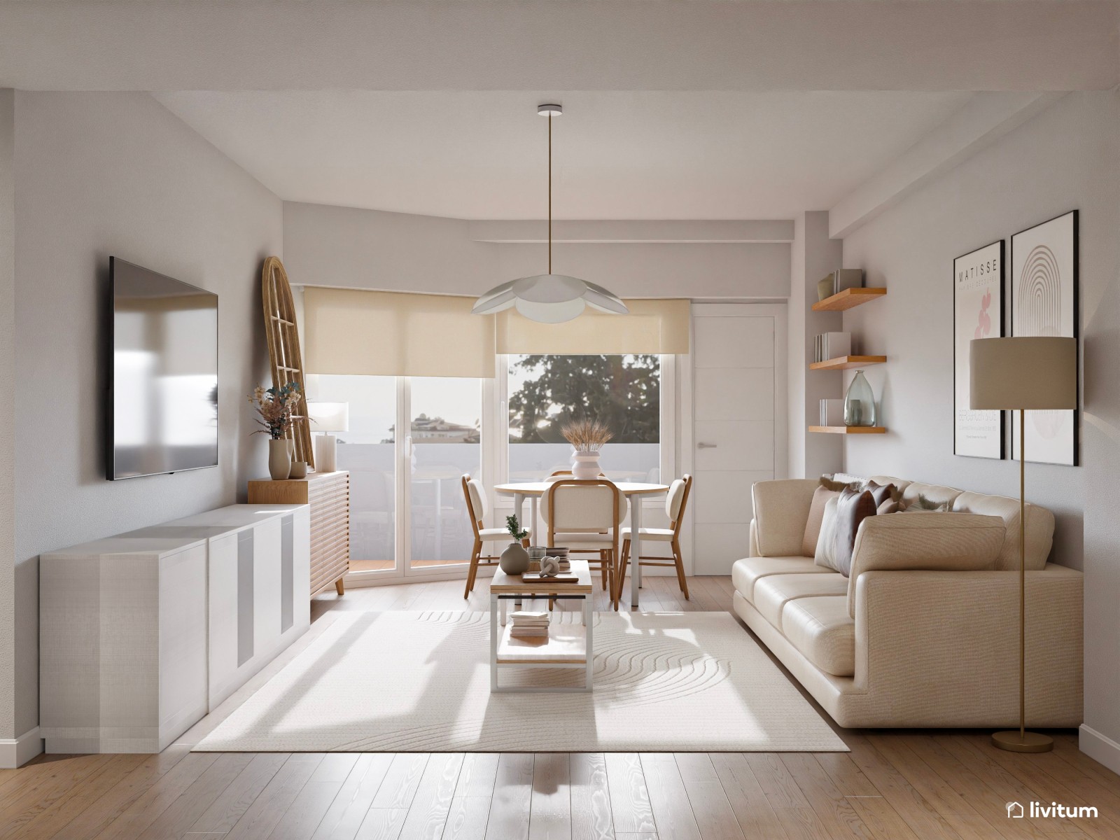 Luminoso y cálido salón en planta irregular diseñado en tonos suaves