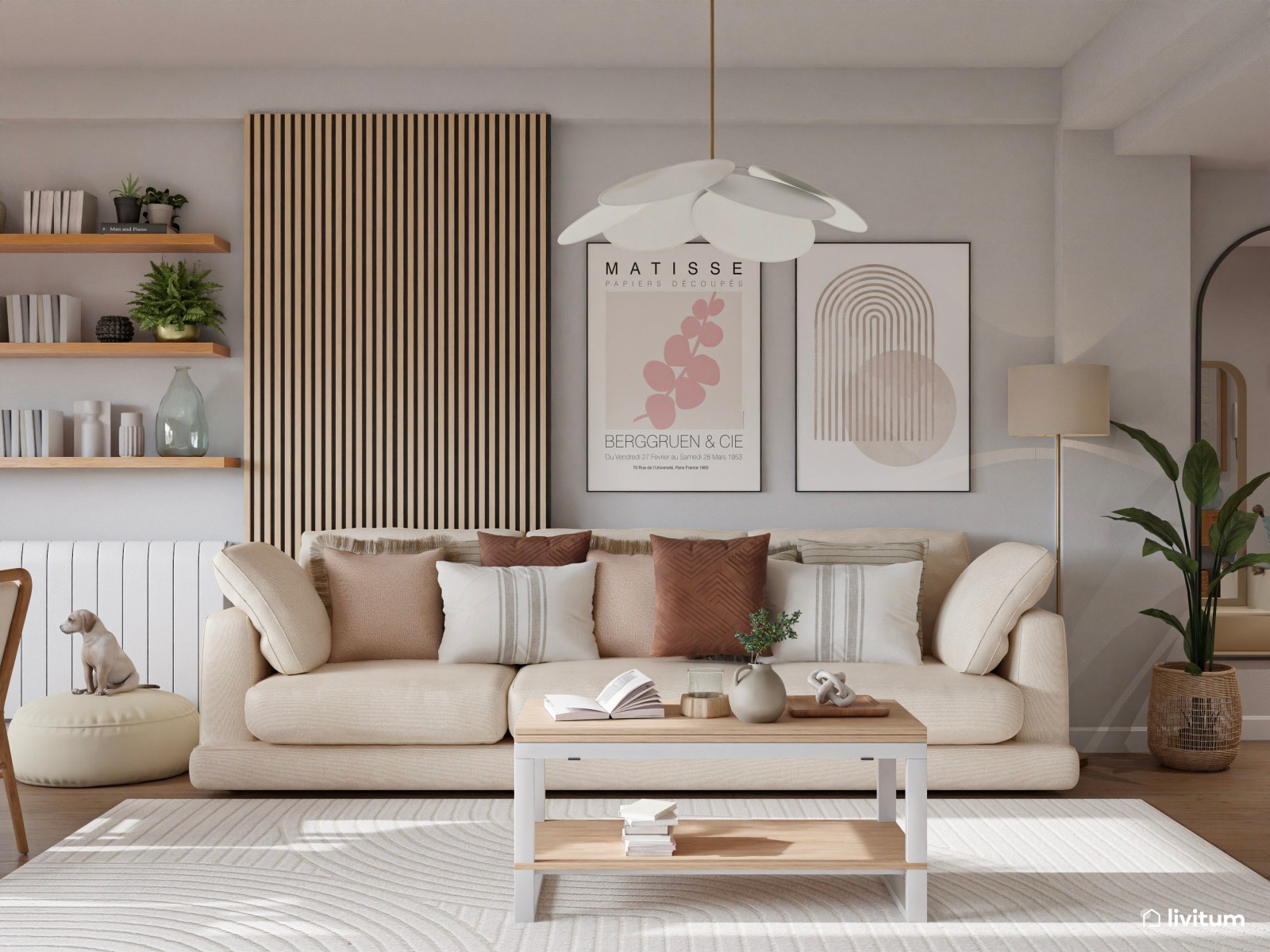 Luminoso y cálido salón en planta irregular diseñado en tonos suaves