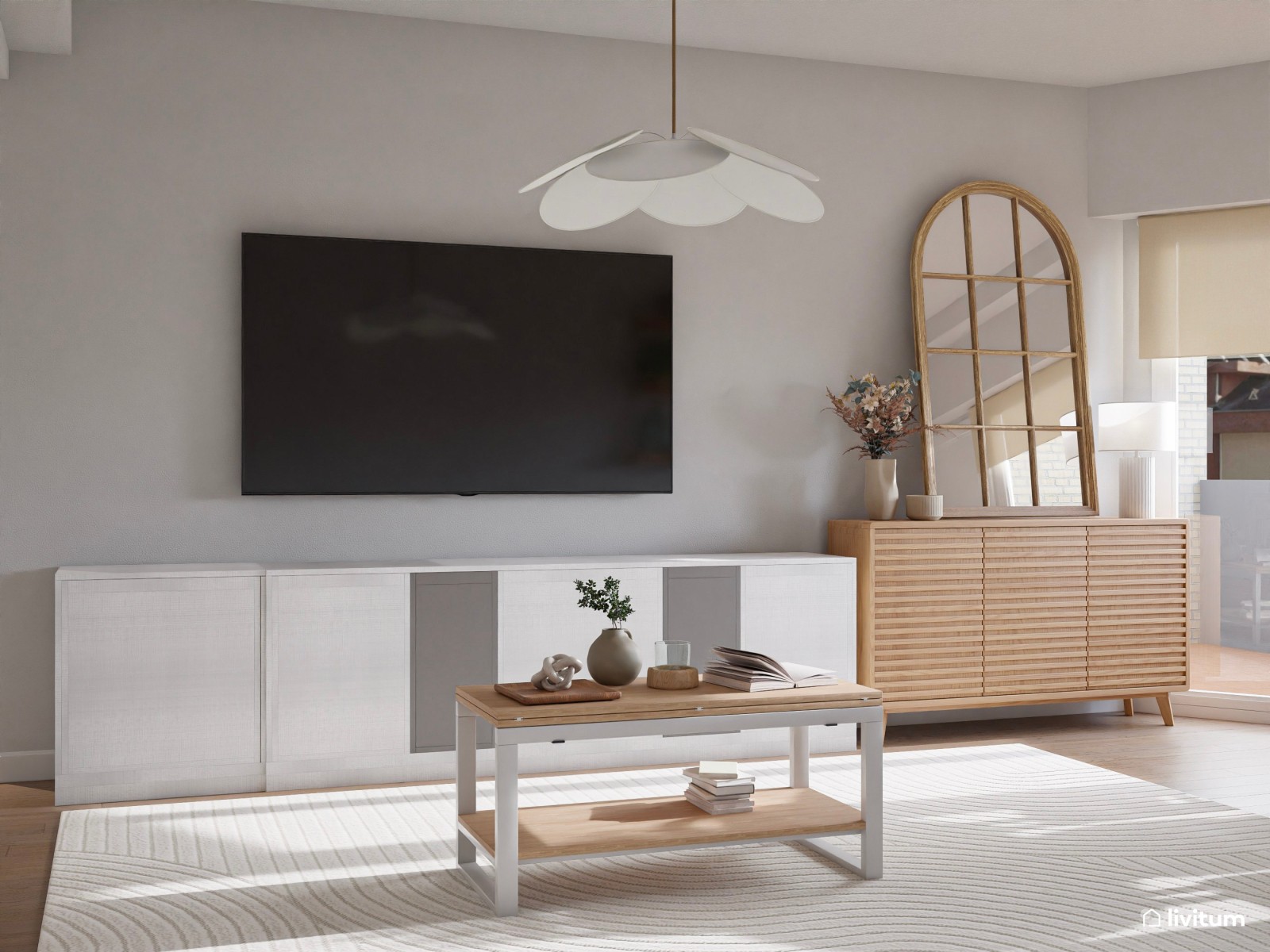 Luminoso y cálido salón en planta irregular diseñado en tonos suaves