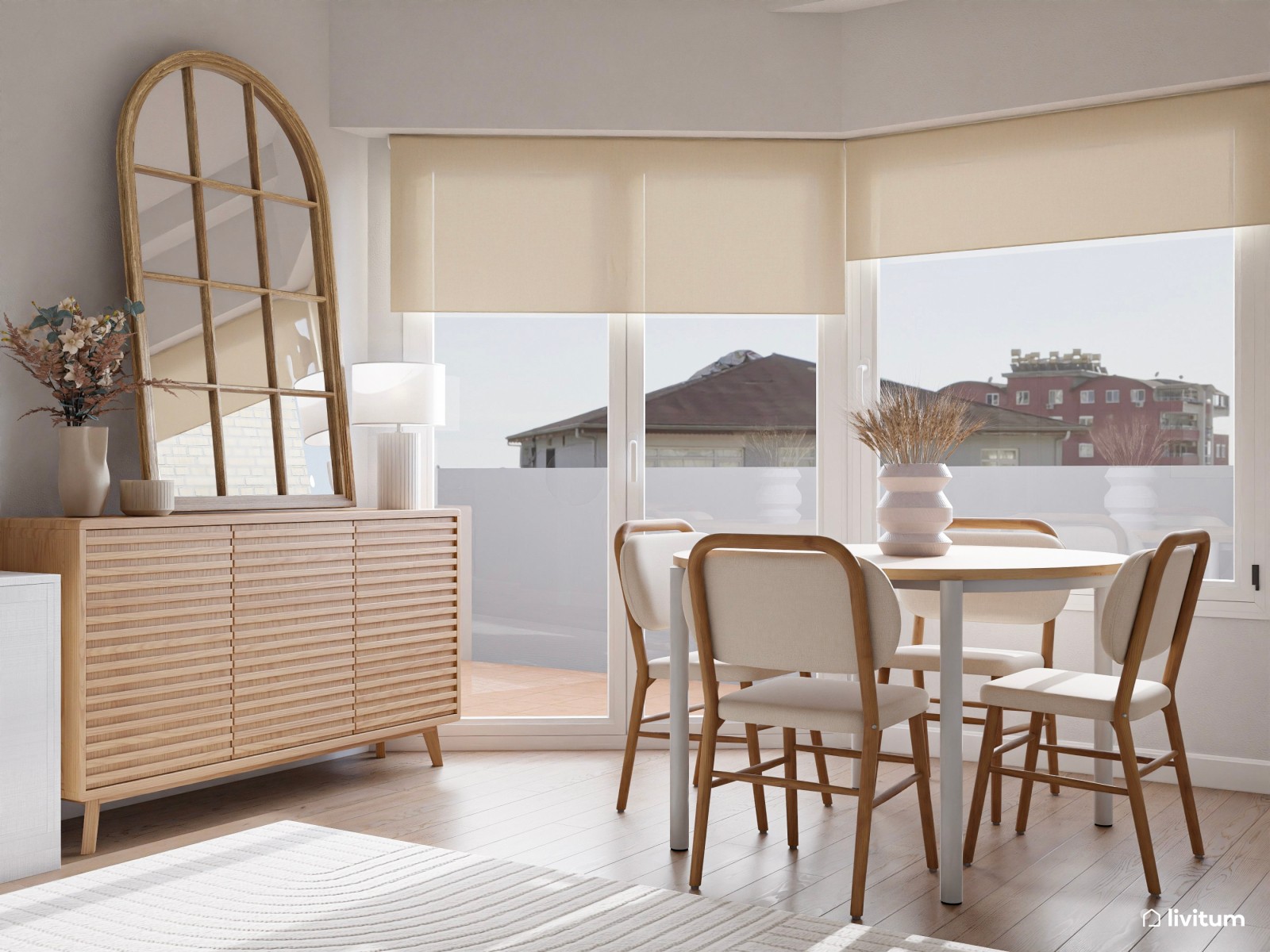 Luminoso y cálido salón en planta irregular diseñado en tonos suaves