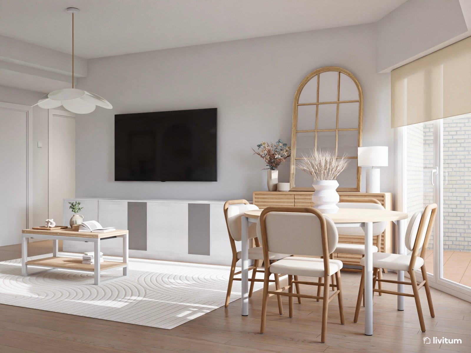 Luminoso y cálido salón en planta irregular diseñado en tonos suaves