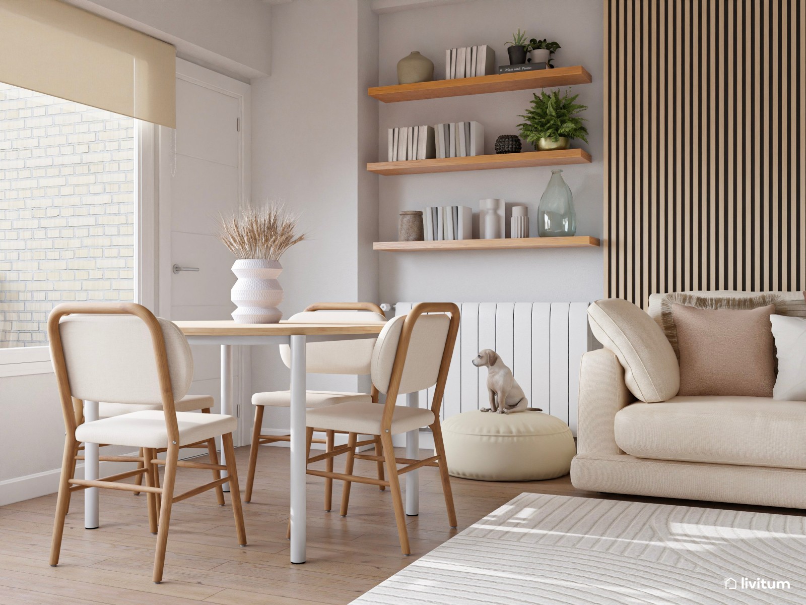 Luminoso y cálido salón en planta irregular diseñado en tonos suaves