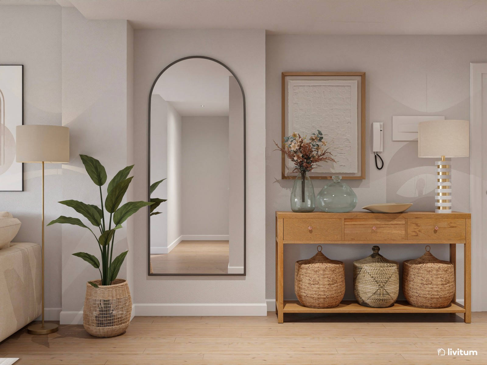 Luminoso y cálido salón en planta irregular diseñado en tonos suaves