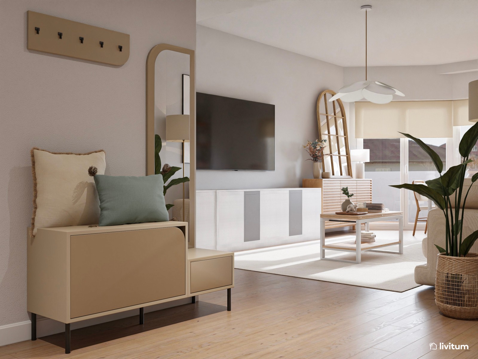 Luminoso y cálido salón en planta irregular diseñado en tonos suaves