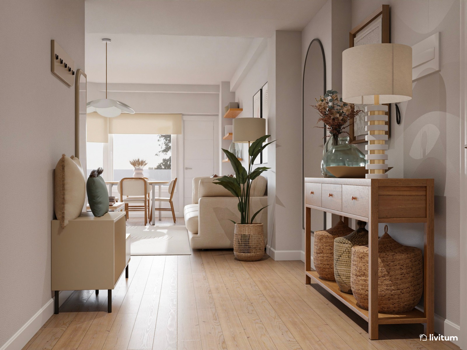 Luminoso y cálido salón en planta irregular diseñado en tonos suaves